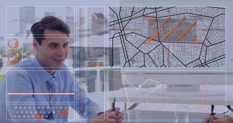 Futuristic Interface Overlap on City Map in Office