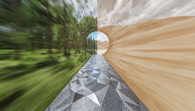Faceted metal walkway leading to circular portal connecting forest and desert