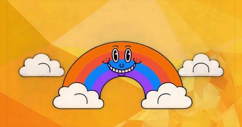 Smiling Rainbow Arcing Over Golden Polygon Backdrop With Fluffy Clouds