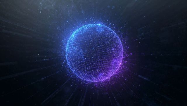 Glowing Digital Globe of Networked Particles Emitting Neon Data Trails and Cosmic Halo