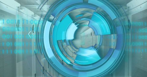 Abstract illustration showing digital interface and data transmission over server room. Consists of futuristic blue graphics blending with real-world technology environment suggesting cyber connectivity. Useful for topics on technology trends, data protection solutions or cybersecurity new advancements.