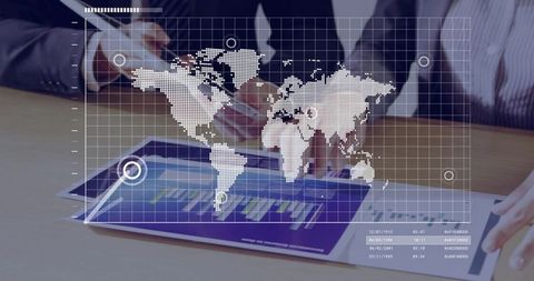 Business colleagues reviewing global analytics on tablet with digital world map overlay
