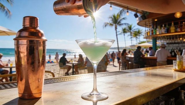 Bartender pouring emerald cocktail into martini glass at sunny beach bar with palm trees