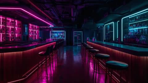 Neon Lounge Bar Night Interior Showing Pulsing Pink and Cyan LED Lighting and Empty Stools
