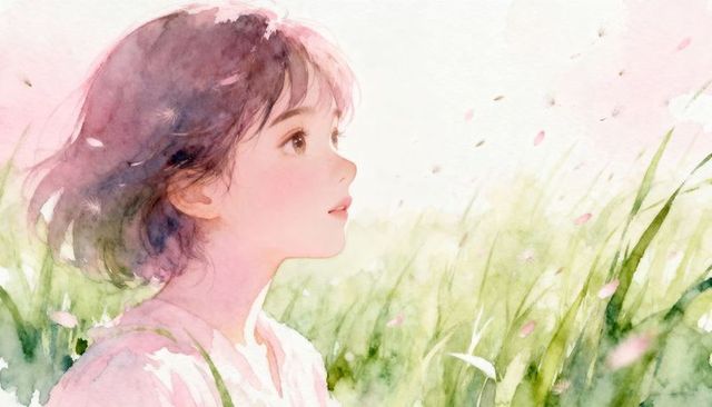 Gazing young girl in meadow watercolor portrait with soft pastel petals and grass