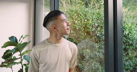 Thoughtful Man Gazing Out Living Room Window with Indoor Plant