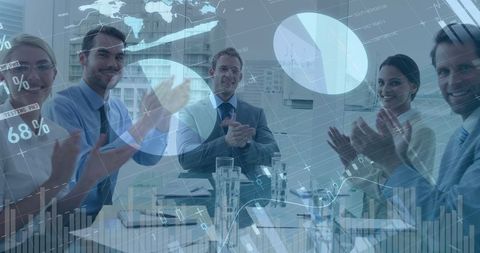 Multiracial Business Team Clapping with Digital Analytics Overlay