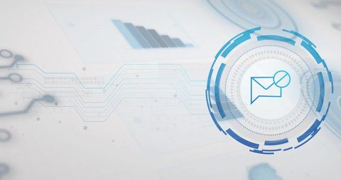 Displaying email HUD over minimalist workspace with circuit traces and analytics