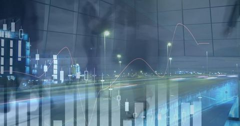 Financial data visualization over cityscape at dusk