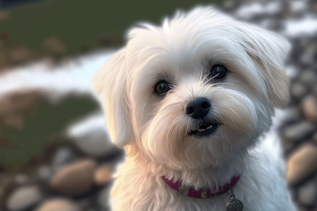 Close-up of a small, fluffy white dog with a pink collar outdoors looking directly at camera. Suitable for pet-related content, blogs on dog care, advertising pet products, or social media posts highlighting cute and friendly pets.
