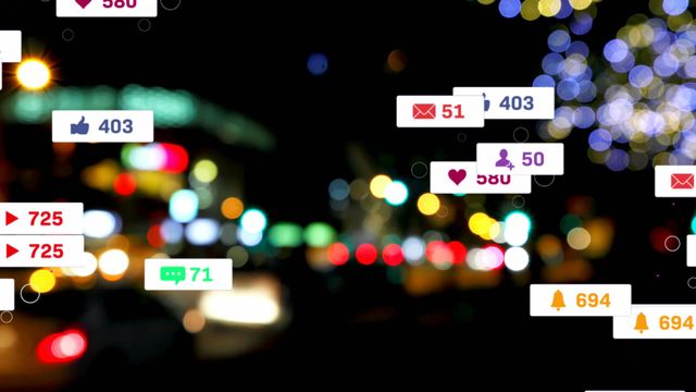 Social media notifications and icons overlaying abstract blurred night city lights represent online interaction in a connected digital world. Useful for illustrating concepts related to technology, communication, online engagement, and virtual connectivity.