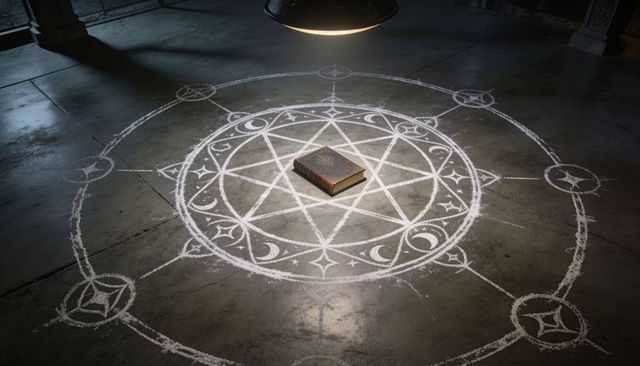 Mystical chalk magic circle with ancient leather grimoire under pendant lamp