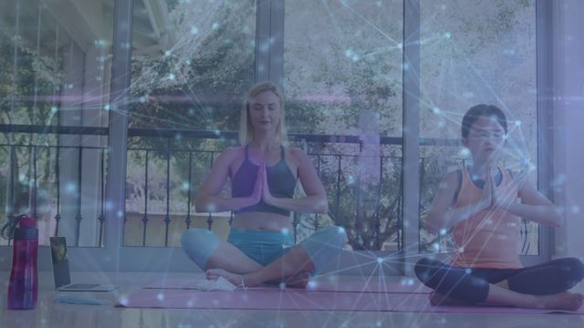 This stock video shows a mother and daughter meditating together, with a digital interface animation overlay of various shapes. Ideal for use in wellness, technology, and family bonding promotions. Perfect for illustrating the fusion of health practices and digital interfaces and enhancing modern lifestyle content with futuristic elements.