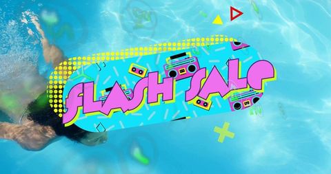 Retro flash sale banner floating over pool with swimmer in neon green swimsuit