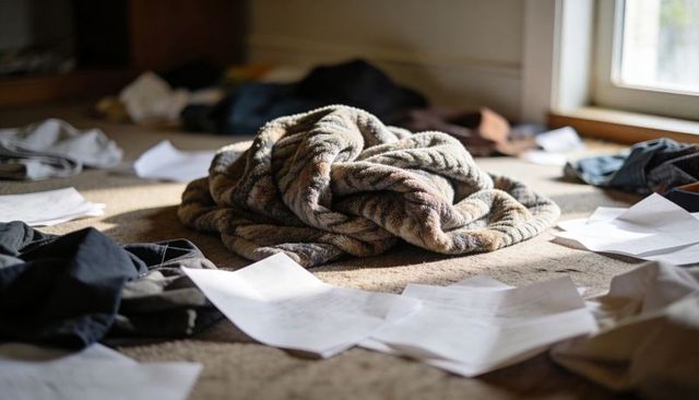 Sunlit messy bedroom floor with bunched fleece blanket, scattered papers, clothing clutter