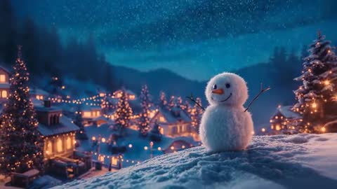 Fluffy Snowman Overlooks Festive Winter Village at Night