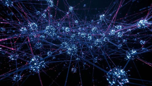 Neon neural network of glowing nodes and connecting filaments in blue-magenta space
