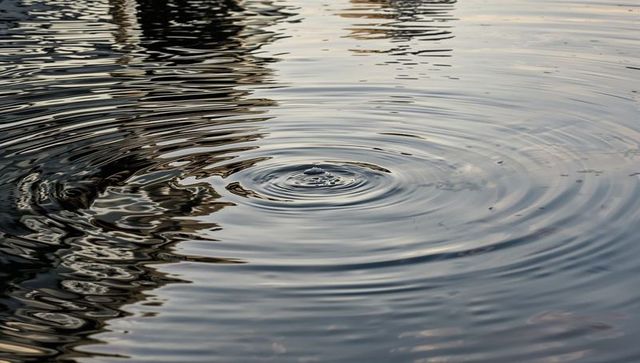 Concentric water ripples radiating from central splash on reflective pond surface