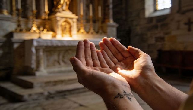 Cupped hands receiving warm light at chapel altar for prayer and spiritual reflection