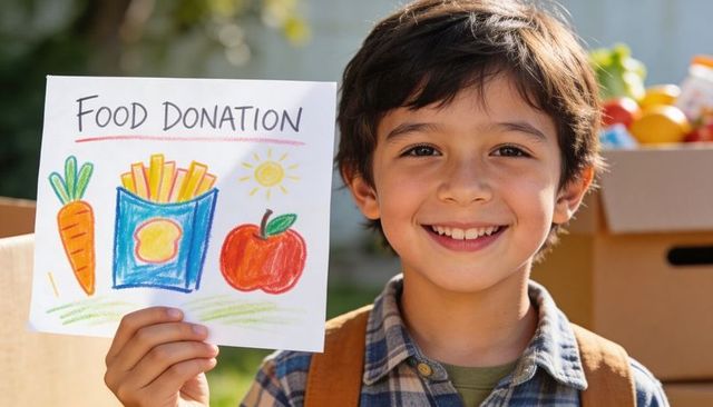 Smiling boy holding food donation sign beside boxes of produce during community charity drive