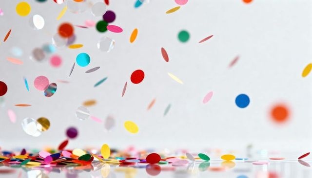 Colorful confetti falling over reflective surface for festive celebration