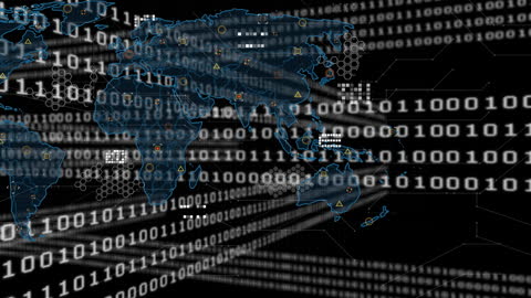 Global Data Network Illustrating Binary Code on World Map