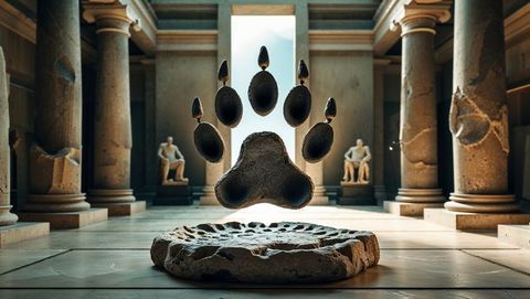 Levitating paw shaped stones in ancient sculpture hall