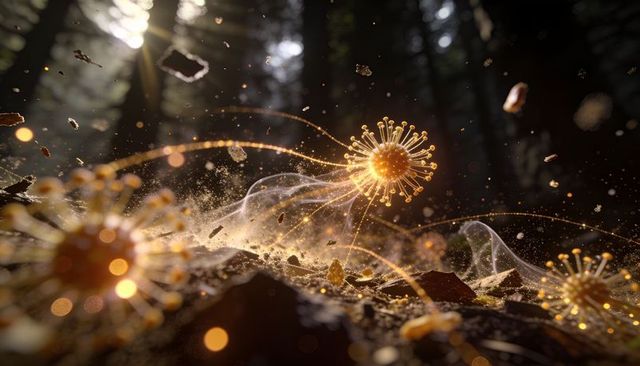 Luminescent filament orbs drifting on sunlit forest floor with golden bokeh and dust