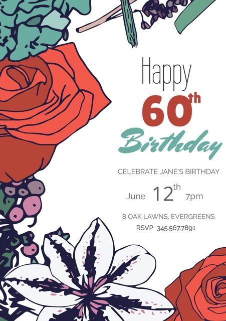 Elegant 60th Birthday Invitation with Joyful Floral Design - Download Free Stock Templates Pikwizard.com