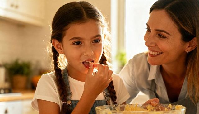 Mother and daughter baking together, girl tasting batter in sunlit kitchen