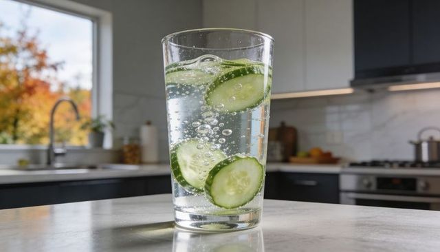 Sparkling cucumber water in tall glass on modern kitchen countertop with daylight