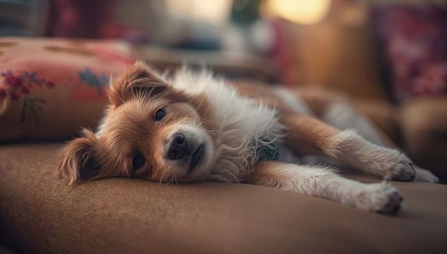 Relaxed dog lounging on sofa in cozy living room