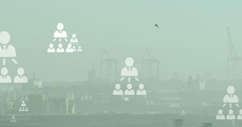 Futuristic network icons over industrial cityscape