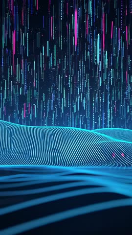 Vertical Cyberpunk Data Streams Streaming Down Over Cyan Wireframe Waves, Neon Digital Rain
