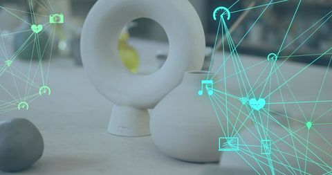 Futuristic Network of Digital Icons Overlaying Ceramic Pottery Display