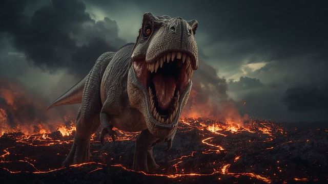Roaring tyrannosaurus in volcanic wilderness