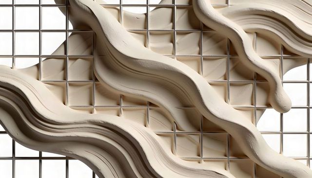 Flowing cream sculptural bands over recessed square tile grid, abstract relief texture
