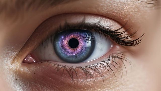 Macro eye revealing purple-pink galaxy iris and nebula reflection, surreal cosmic portrait