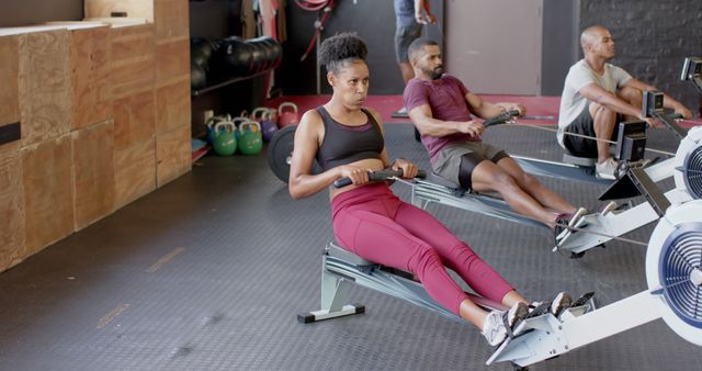 Determined Athletes Exercising on Rowing Machines at Gym - Download Free Stock Images Pikwizard.com