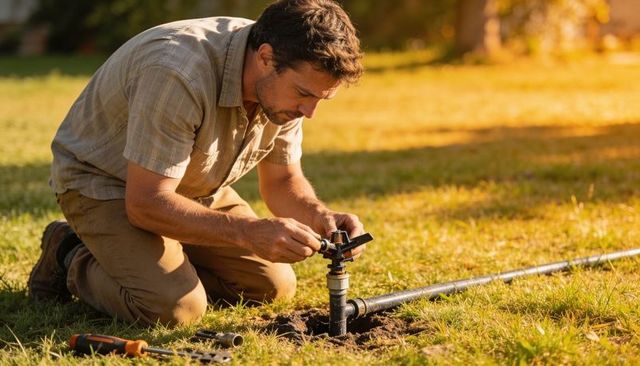 Kneeling homeowner tightening sprinkler valve on lawn irrigation line at golden hour