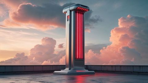 Futuristic metallic tower with red alert glowing leds at sunset