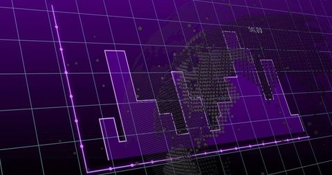 Futuristic neon data visualization with 3d purple bar chart, magenta line and halftone globe