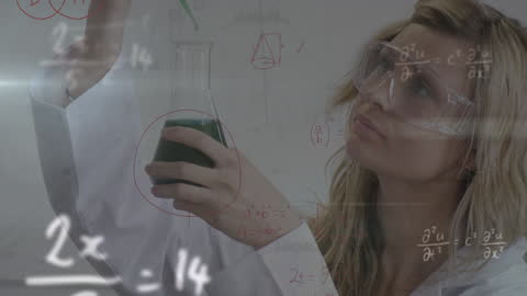 Female Scientist Analyzing Experiments with Mathematical Equations Overlay