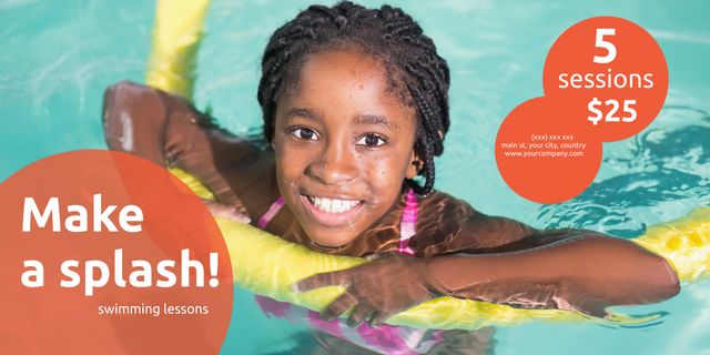 Promoting swimming lessons, a joyful young girl floats in a pool, embodying the fun of learning to swim. Ideal for advertising summer camps or aquatic safety programs.