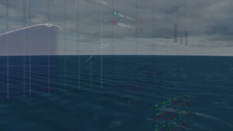 Digital Financial Data Animation Superimposed Over Ocean