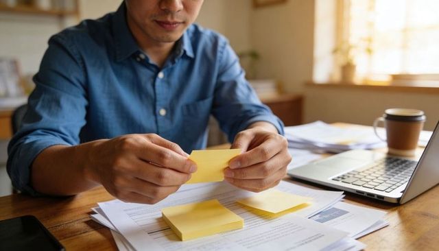 Man Organizing Yellow Sticky Notes on Documents at Home Desk with Laptop and Coffee
