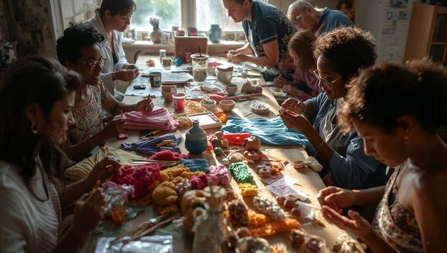 Adults crafting and crocheting around sunlit wooden table, sharing handmade textile skills