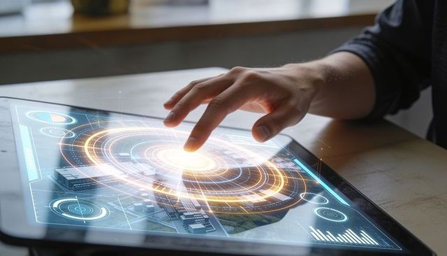 Right hand interacting with holographic tablet interface showing futuristic hud data map
