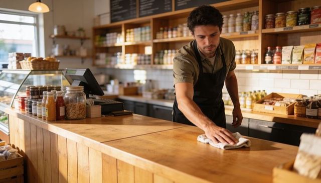 Barista wiping wooden counter in rustic cafe with warm bakery display and jarred goods