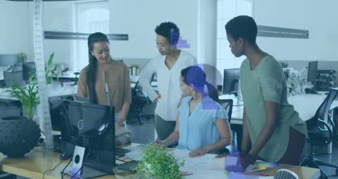 Diverse Team Collaborating on Office Project with Molecular Overlay